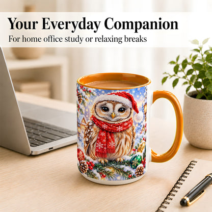 #pl[15oz|Orange] Snowy Village Owl Coffee Mug, Christmas Bird Mug, Ceramic Cup