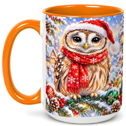#pl[15oz|Orange] Snowy Village Owl Coffee Mug, Christmas Bird Mug, Ceramic Cup