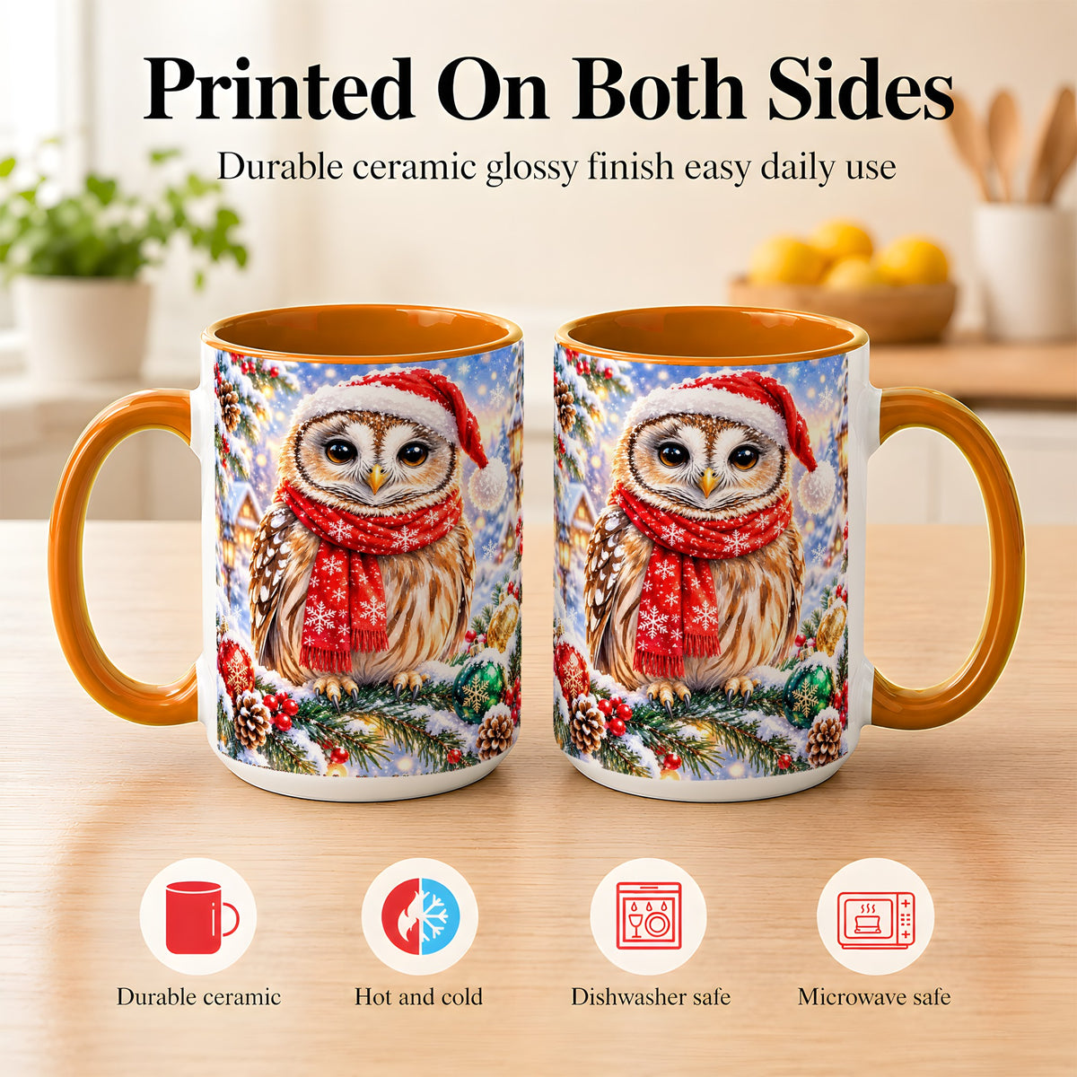 #pl[15oz|Orange] Snowy Village Owl Coffee Mug, Christmas Bird Mug, Ceramic Cup