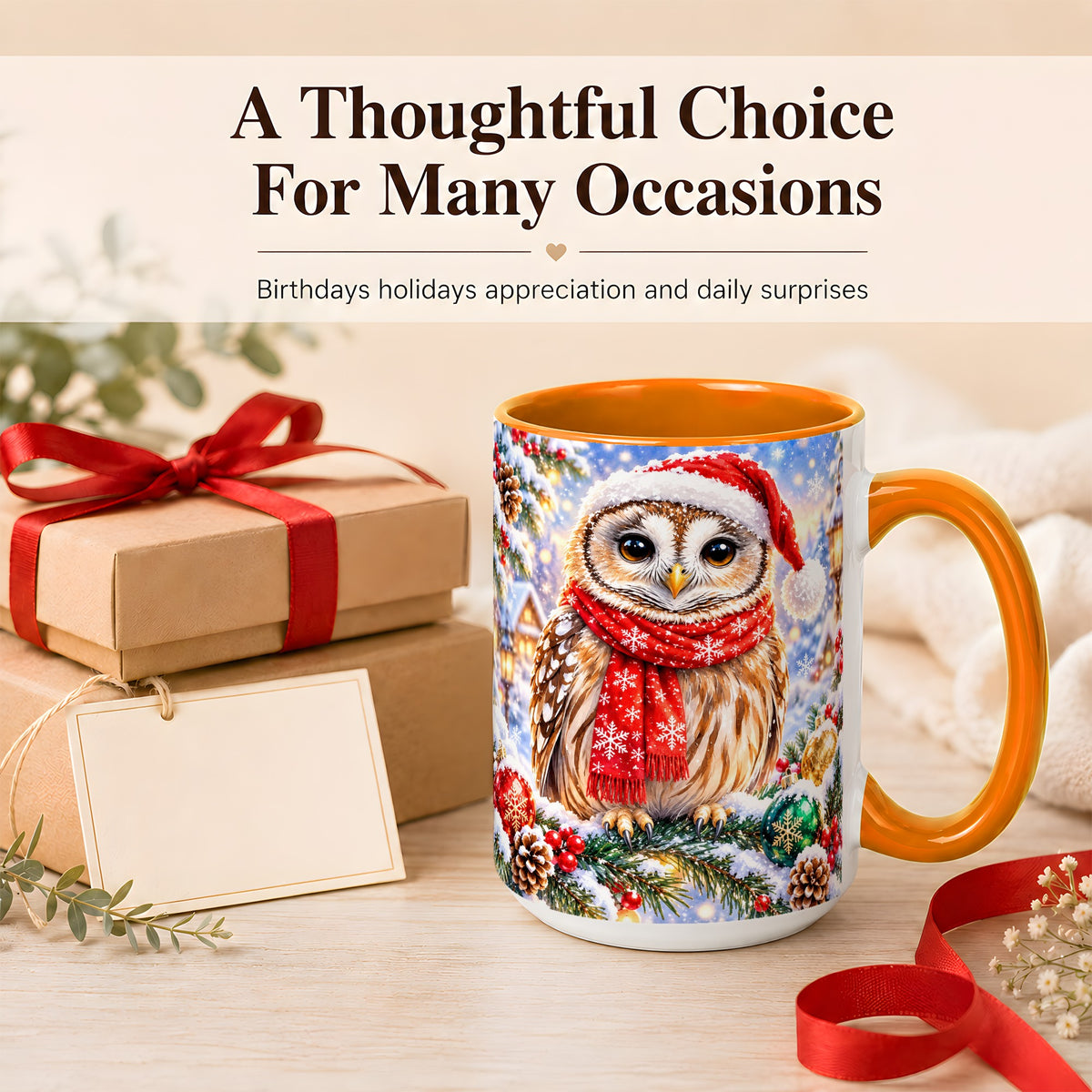 #pl[15oz|Orange] Snowy Village Owl Coffee Mug, Christmas Bird Mug, Ceramic Cup