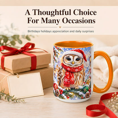 #pl[15oz|Orange] Snowy Village Owl Coffee Mug, Christmas Bird Mug, Ceramic Cup