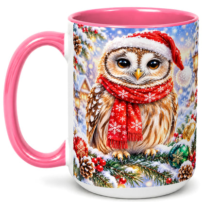 #pl[15oz|Pink] Snowy Village Owl Coffee Mug, Christmas Bird Mug, Ceramic Cup