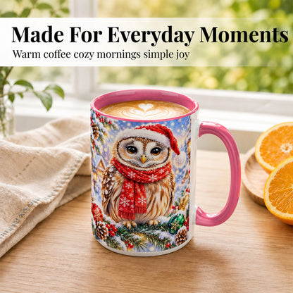 #pl[15oz|Pink] Snowy Village Owl Coffee Mug, Christmas Bird Mug, Ceramic Cup