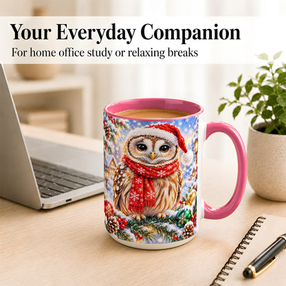#pl[15oz|Pink] Snowy Village Owl Coffee Mug, Christmas Bird Mug, Ceramic Cup