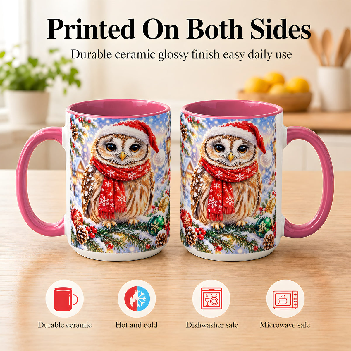 #pl[15oz|Pink] Snowy Village Owl Coffee Mug, Christmas Bird Mug, Ceramic Cup