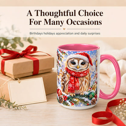 #pl[15oz|Pink] Snowy Village Owl Coffee Mug, Christmas Bird Mug, Ceramic Cup