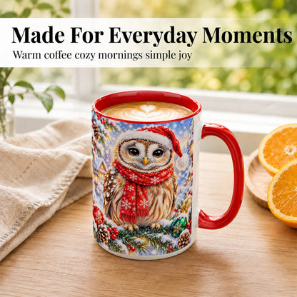 #pl[15oz|Red] Snowy Village Owl Coffee Mug, Christmas Bird Mug, Ceramic Cup