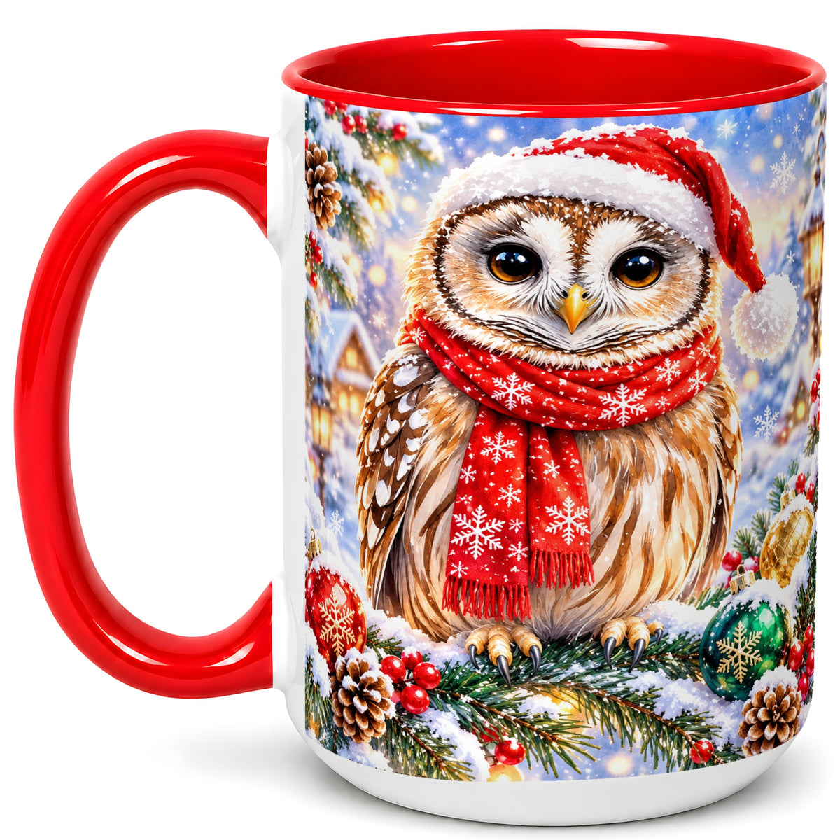 #pl[15oz|Red] Snowy Village Owl Coffee Mug, Christmas Bird Mug, Ceramic Cup