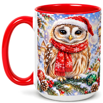#pl[15oz|Red] Snowy Village Owl Coffee Mug, Christmas Bird Mug, Ceramic Cup