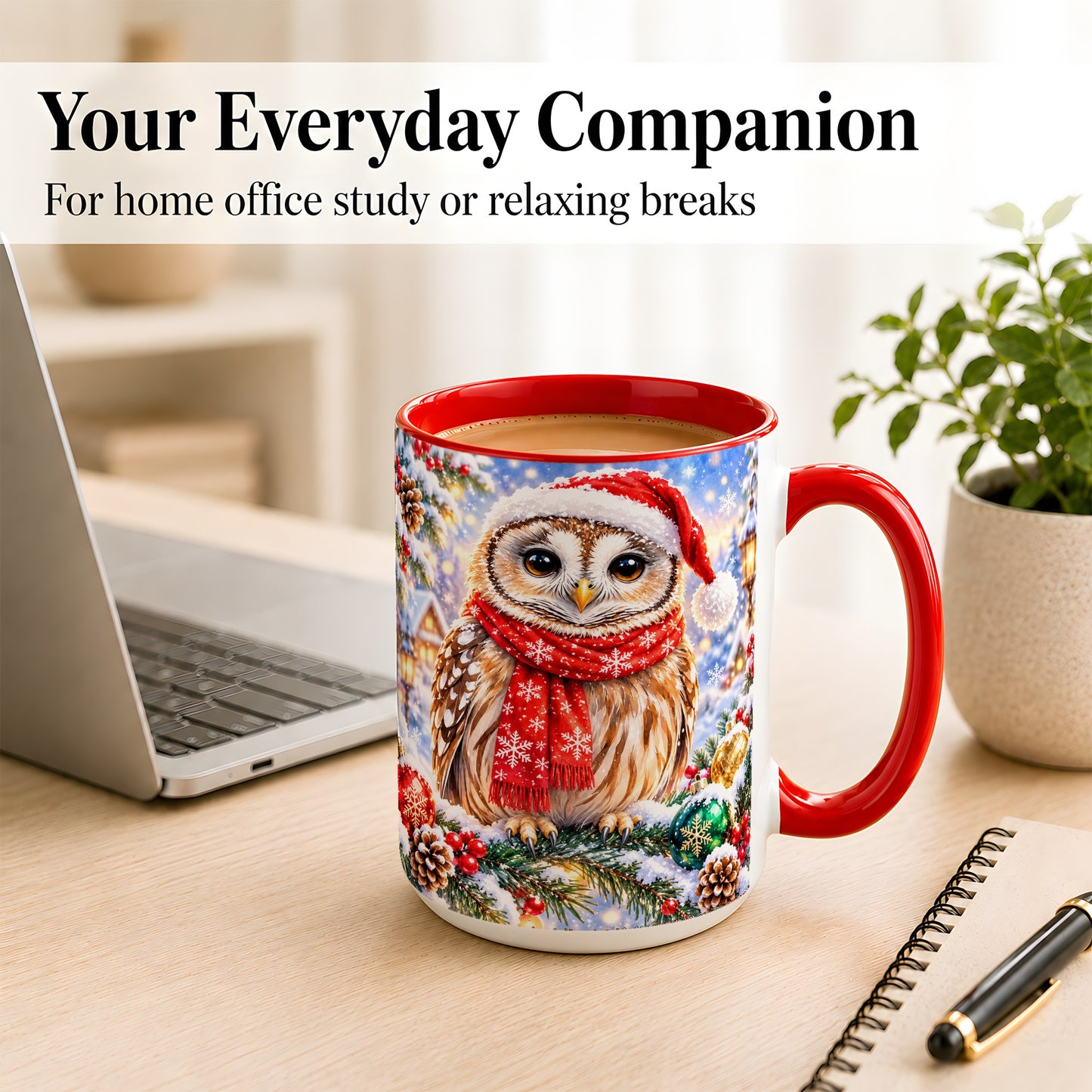 #pl[15oz|Red] Snowy Village Owl Coffee Mug, Christmas Bird Mug, Ceramic Cup