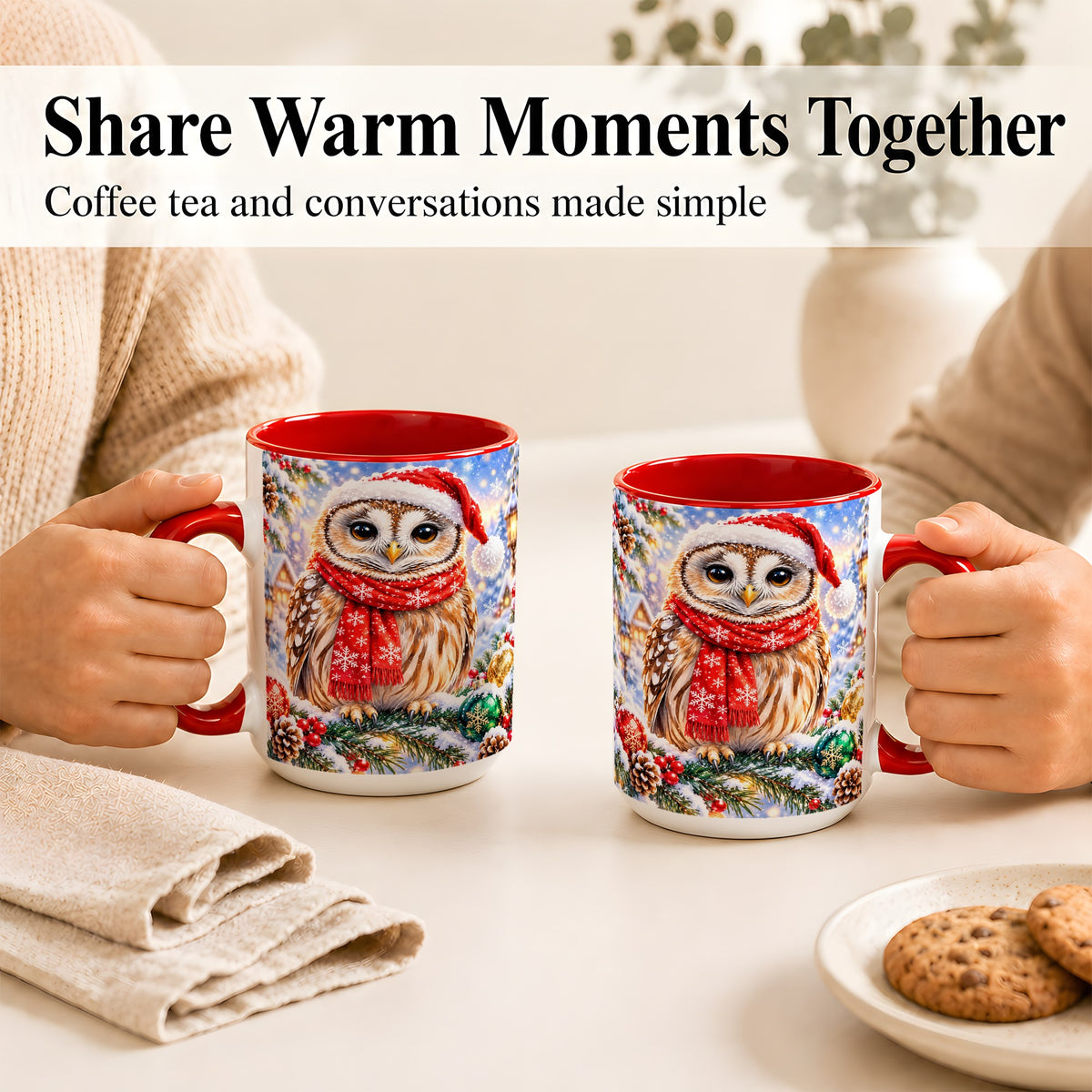 #pl[15oz|Red] Snowy Village Owl Coffee Mug, Christmas Bird Mug, Ceramic Cup