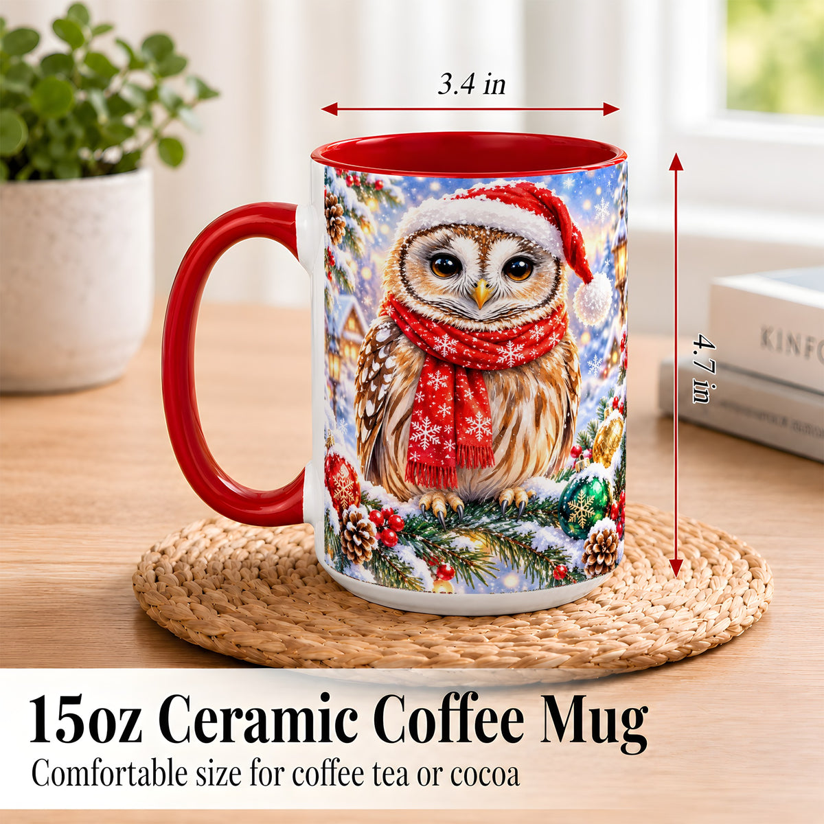 #pl[15oz|Red] Snowy Village Owl Coffee Mug, Christmas Bird Mug, Ceramic Cup