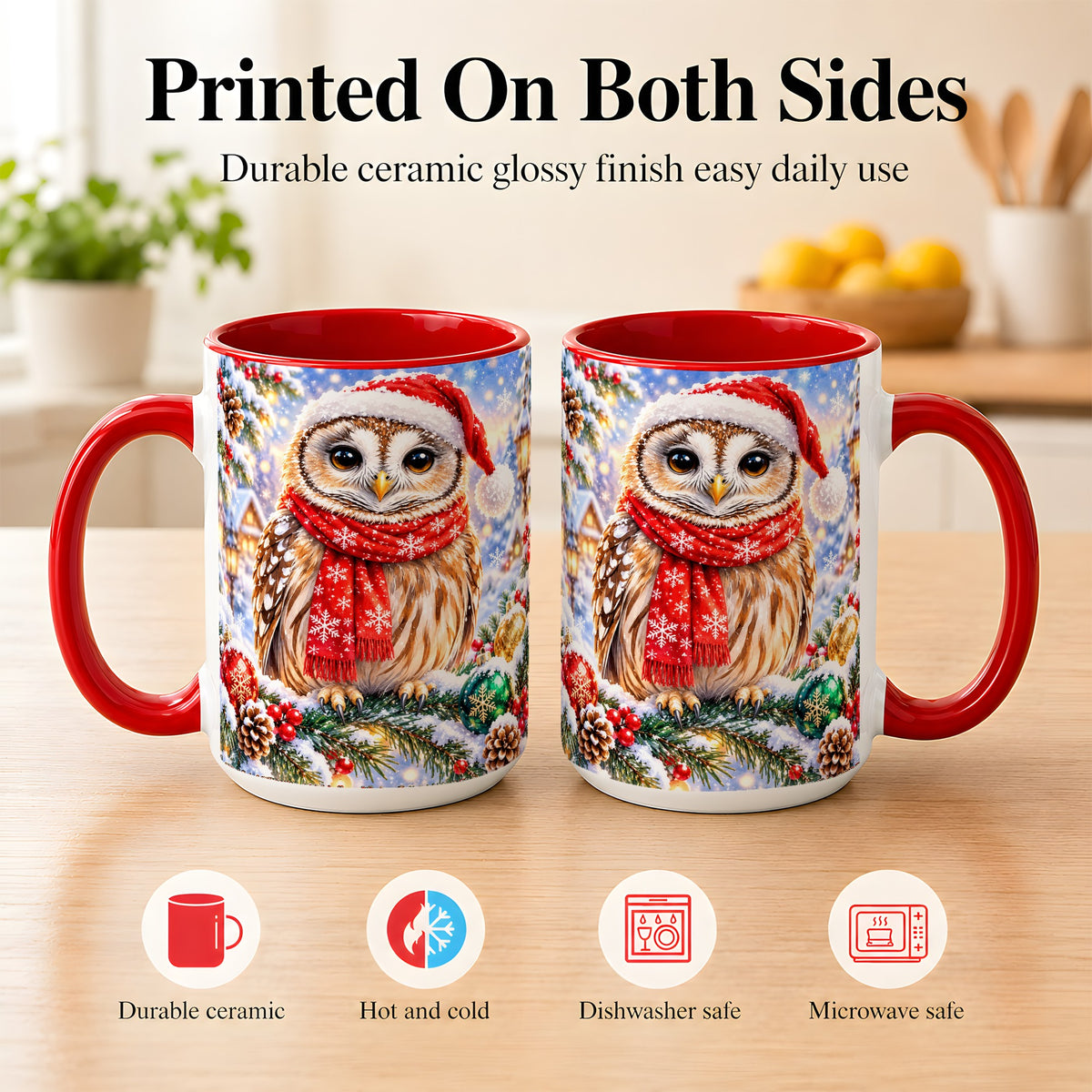 #pl[15oz|Red] Snowy Village Owl Coffee Mug, Christmas Bird Mug, Ceramic Cup