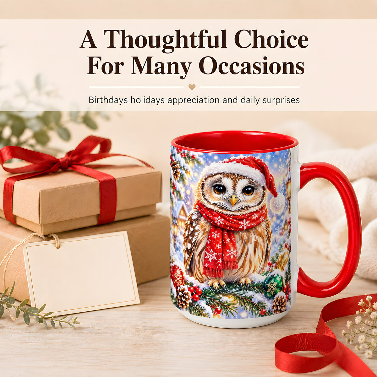 #pl[15oz|Red] Snowy Village Owl Coffee Mug, Christmas Bird Mug, Ceramic Cup