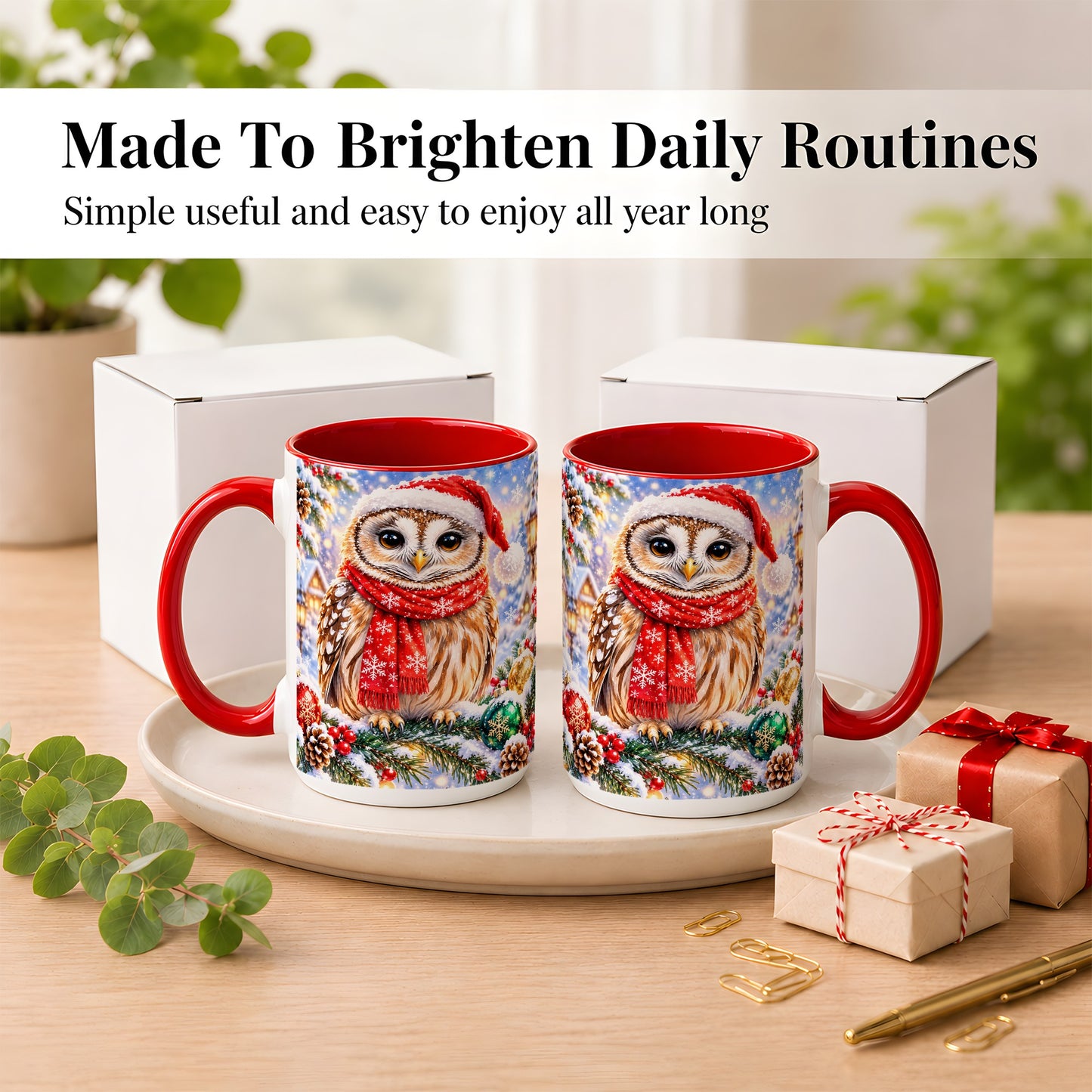 #pl[15oz|Red] Snowy Village Owl Coffee Mug, Christmas Bird Mug, Ceramic Cup