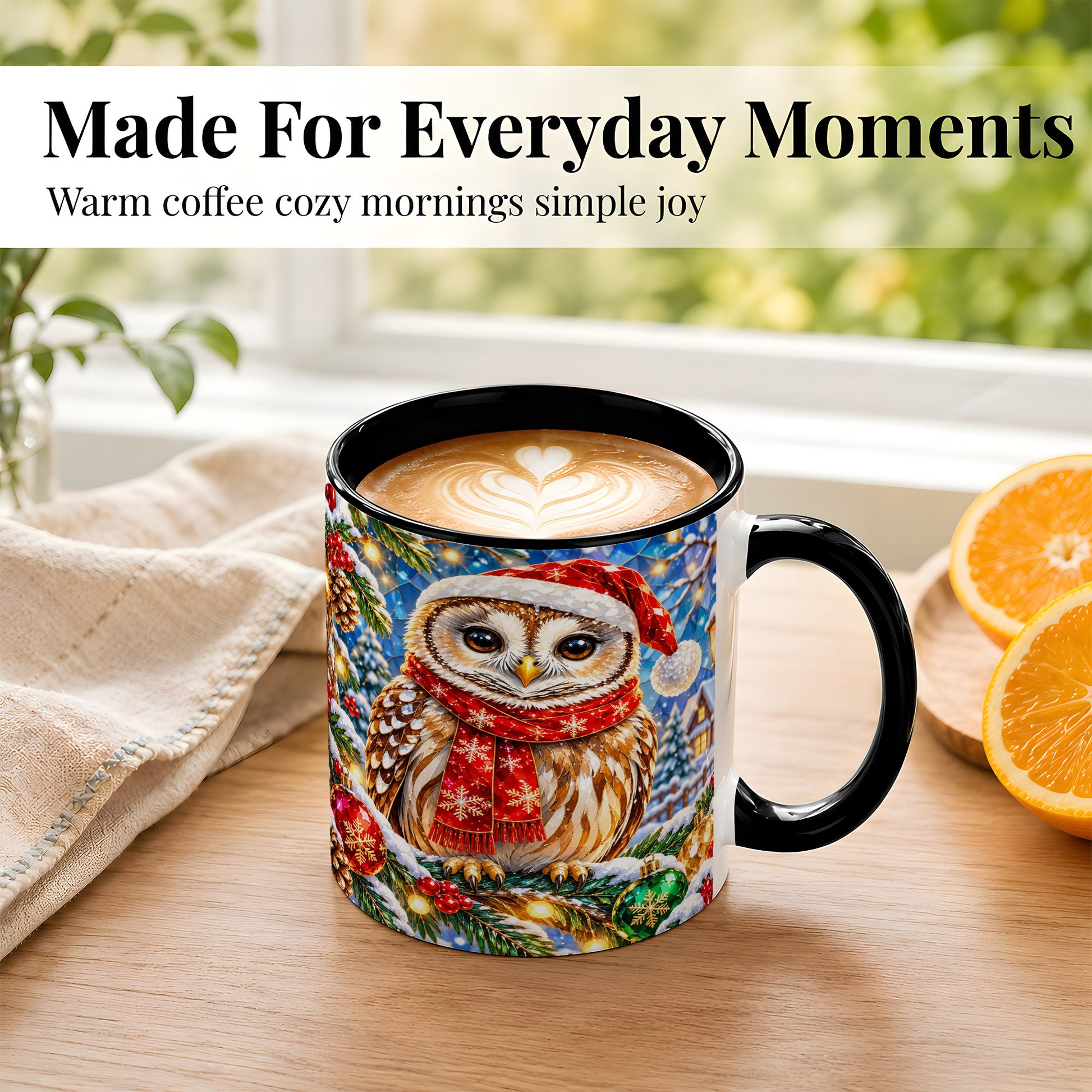 #pl[11oz|Black] Jeweled Christmas Owl Coffee Mug, Winter Bird Mug, Ceramic Cup
