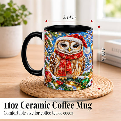 #pl[11oz|Black] Jeweled Christmas Owl Coffee Mug, Winter Bird Mug, Ceramic Cup