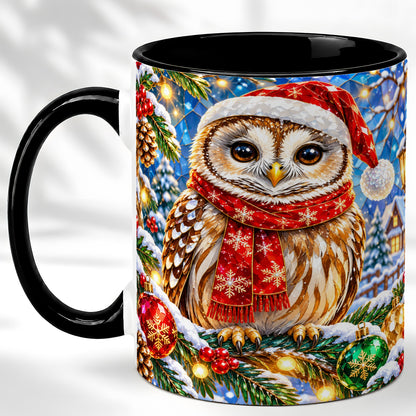 #pl[11oz|Black] Jeweled Christmas Owl Coffee Mug, Winter Bird Mug, Ceramic Cup