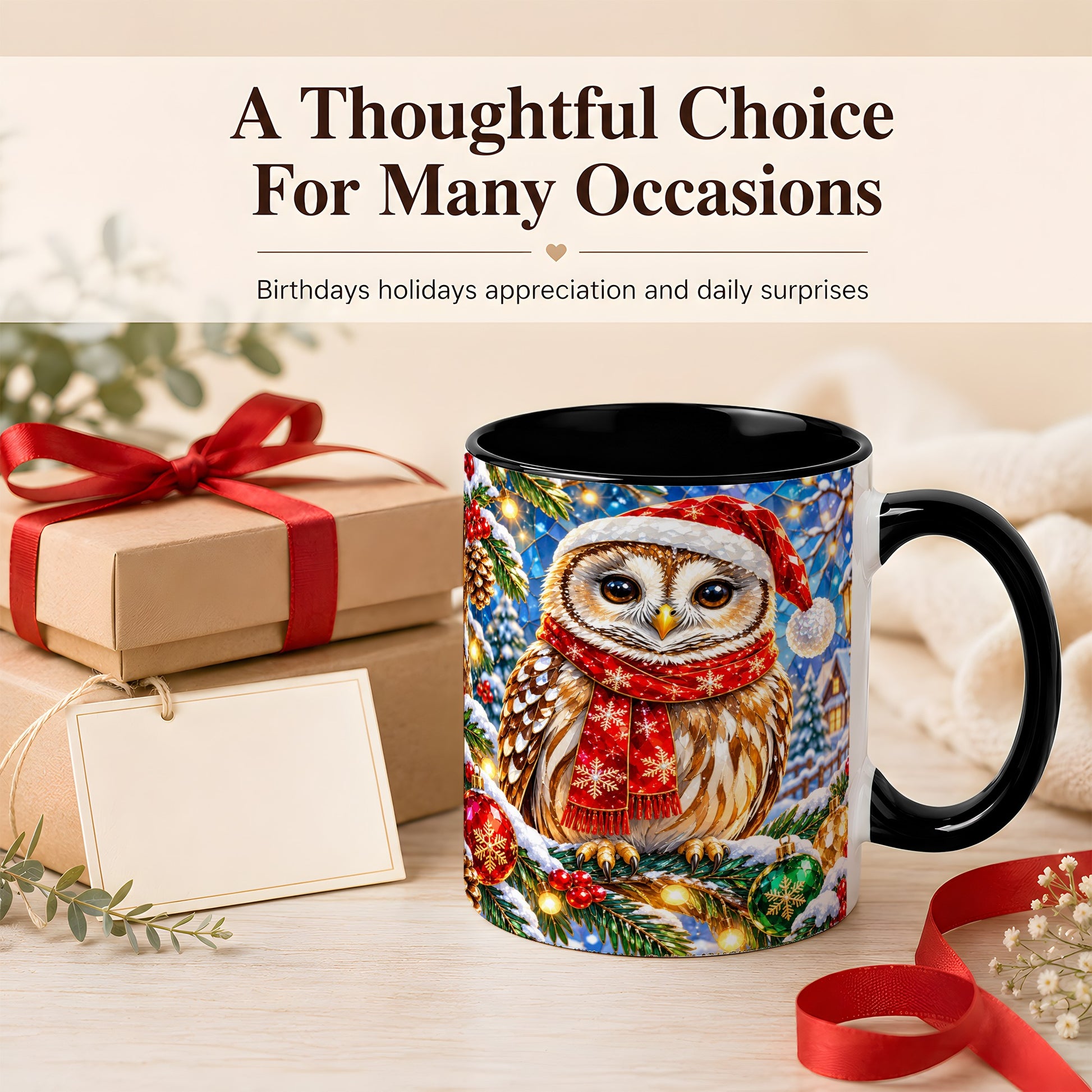 #pl[11oz|Black] Jeweled Christmas Owl Coffee Mug, Winter Bird Mug, Ceramic Cup