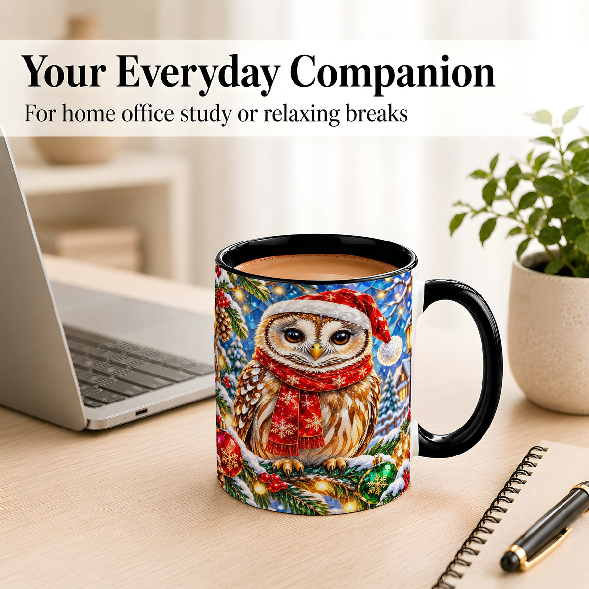 #pl[11oz|Black] Jeweled Christmas Owl Coffee Mug, Winter Bird Mug, Ceramic Cup