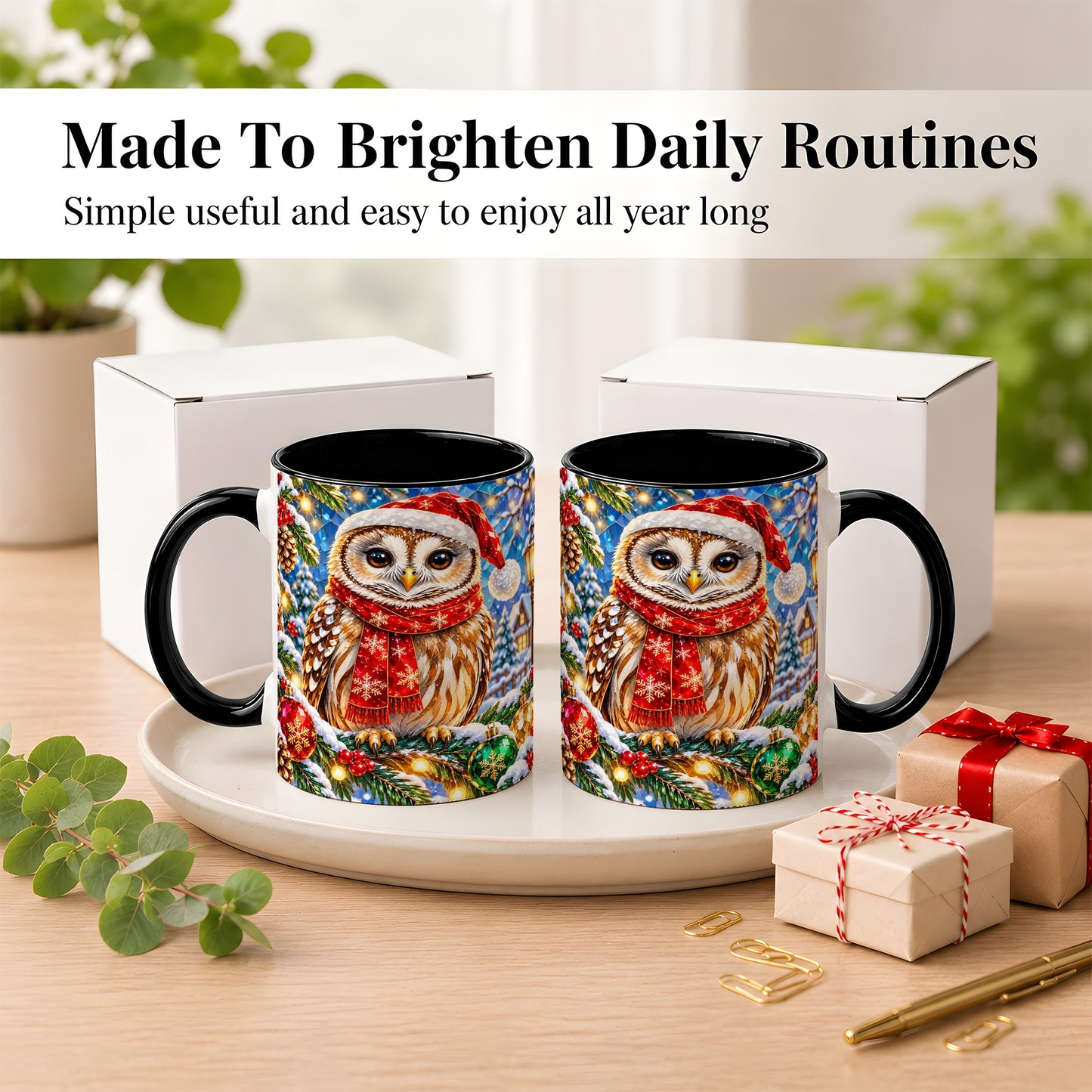 #pl[11oz|Black] Jeweled Christmas Owl Coffee Mug, Winter Bird Mug, Ceramic Cup