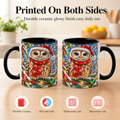 #pl[11oz|Black] Jeweled Christmas Owl Coffee Mug, Winter Bird Mug, Ceramic Cup