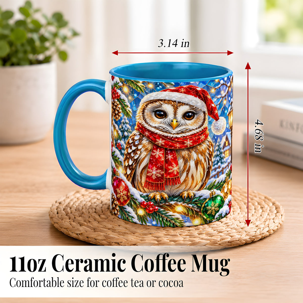 #pl[11oz|Blue] Jeweled Christmas Owl Coffee Mug, Winter Bird Mug, Ceramic Cup