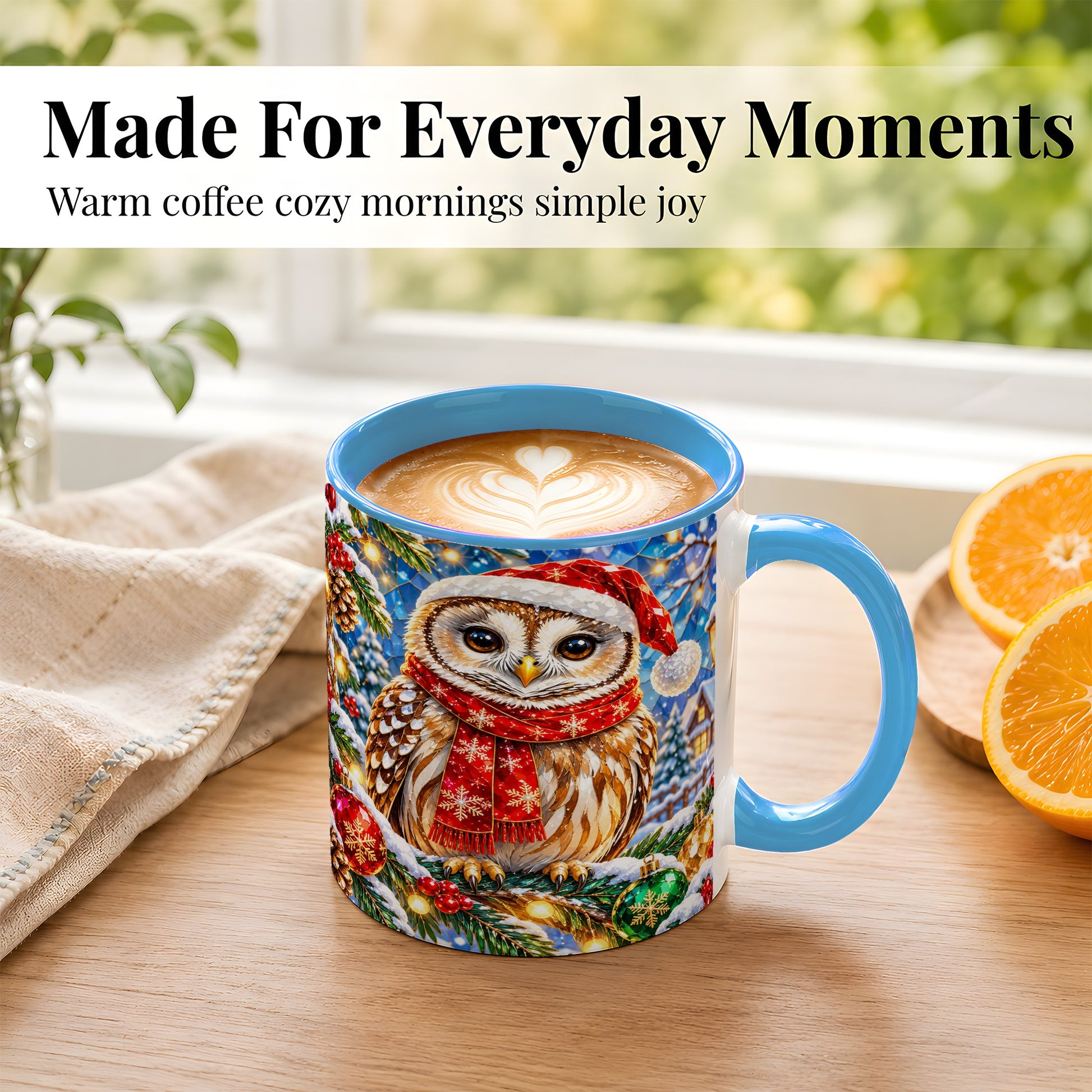 #pl[11oz|Blue] Jeweled Christmas Owl Coffee Mug, Winter Bird Mug, Ceramic Cup