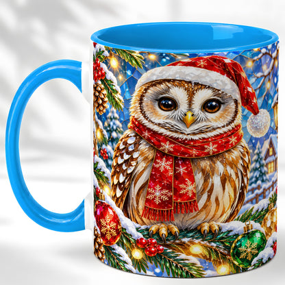 #pl[11oz|Blue] Jeweled Christmas Owl Coffee Mug, Winter Bird Mug, Ceramic Cup