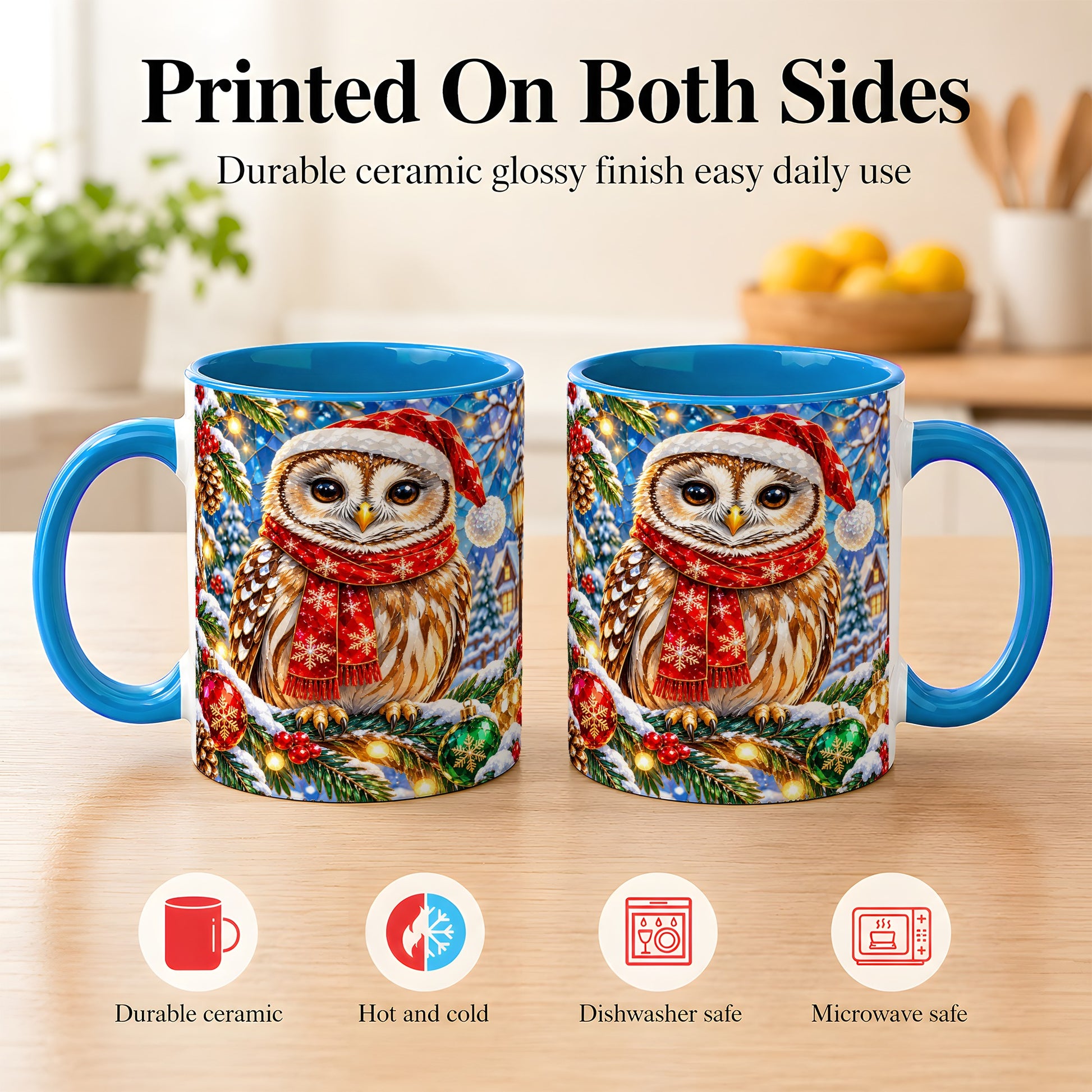 #pl[11oz|Blue] Jeweled Christmas Owl Coffee Mug, Winter Bird Mug, Ceramic Cup