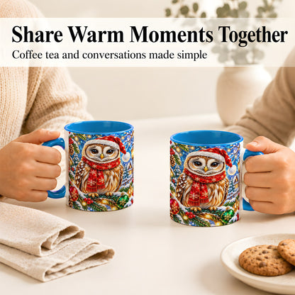 #pl[11oz|Blue] Jeweled Christmas Owl Coffee Mug, Winter Bird Mug, Ceramic Cup