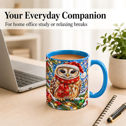 #pl[11oz|Blue] Jeweled Christmas Owl Coffee Mug, Winter Bird Mug, Ceramic Cup