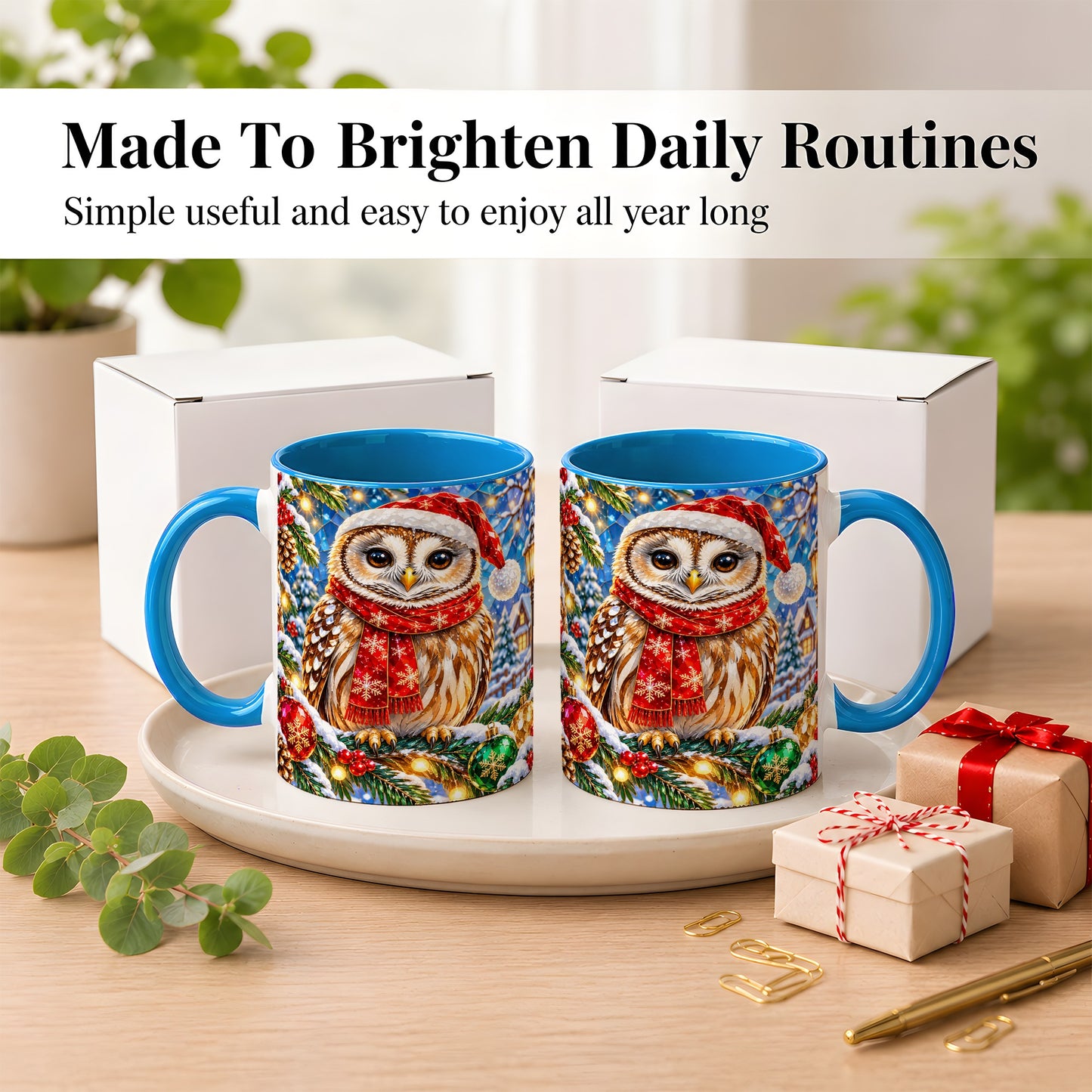 #pl[11oz|Blue] Jeweled Christmas Owl Coffee Mug, Winter Bird Mug, Ceramic Cup