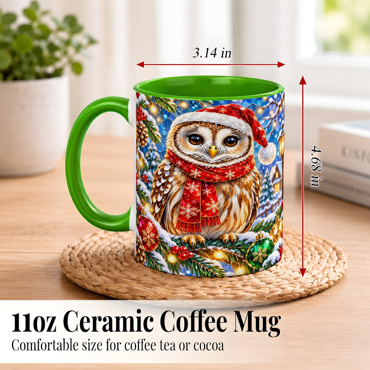 #pl[11oz|Green] Jeweled Christmas Owl Coffee Mug, Winter Bird Mug, Ceramic Cup