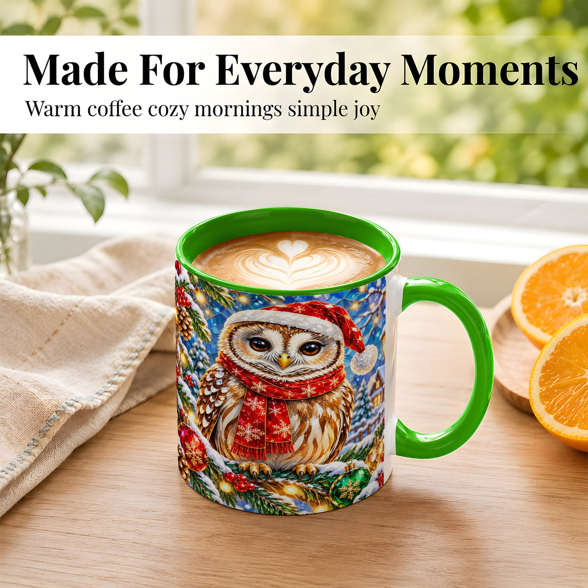 #pl[11oz|Green] Jeweled Christmas Owl Coffee Mug, Winter Bird Mug, Ceramic Cup