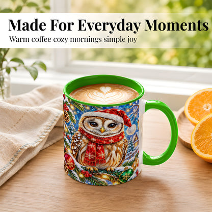 #pl[11oz|Green] Jeweled Christmas Owl Coffee Mug, Winter Bird Mug, Ceramic Cup
