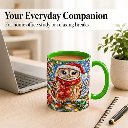 #pl[11oz|Green] Jeweled Christmas Owl Coffee Mug, Winter Bird Mug, Ceramic Cup