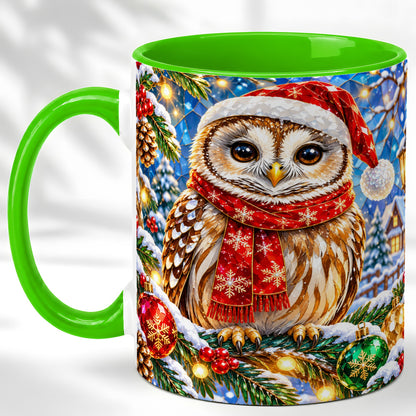 #pl[11oz|Green] Jeweled Christmas Owl Coffee Mug, Winter Bird Mug, Ceramic Cup
