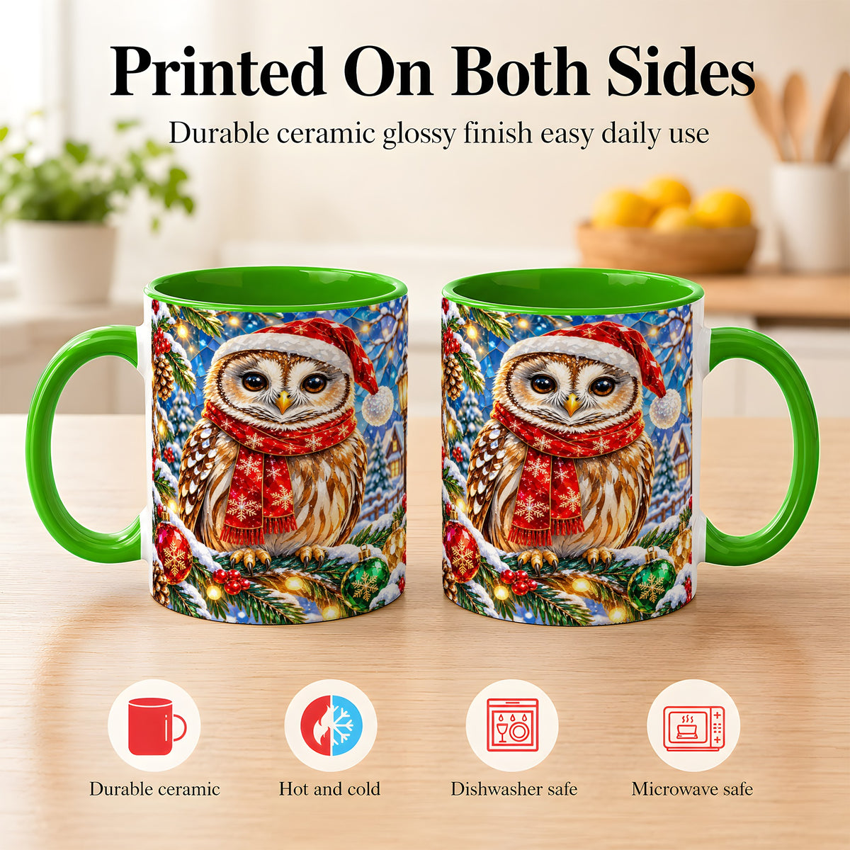 #pl[11oz|Green] Jeweled Christmas Owl Coffee Mug, Winter Bird Mug, Ceramic Cup