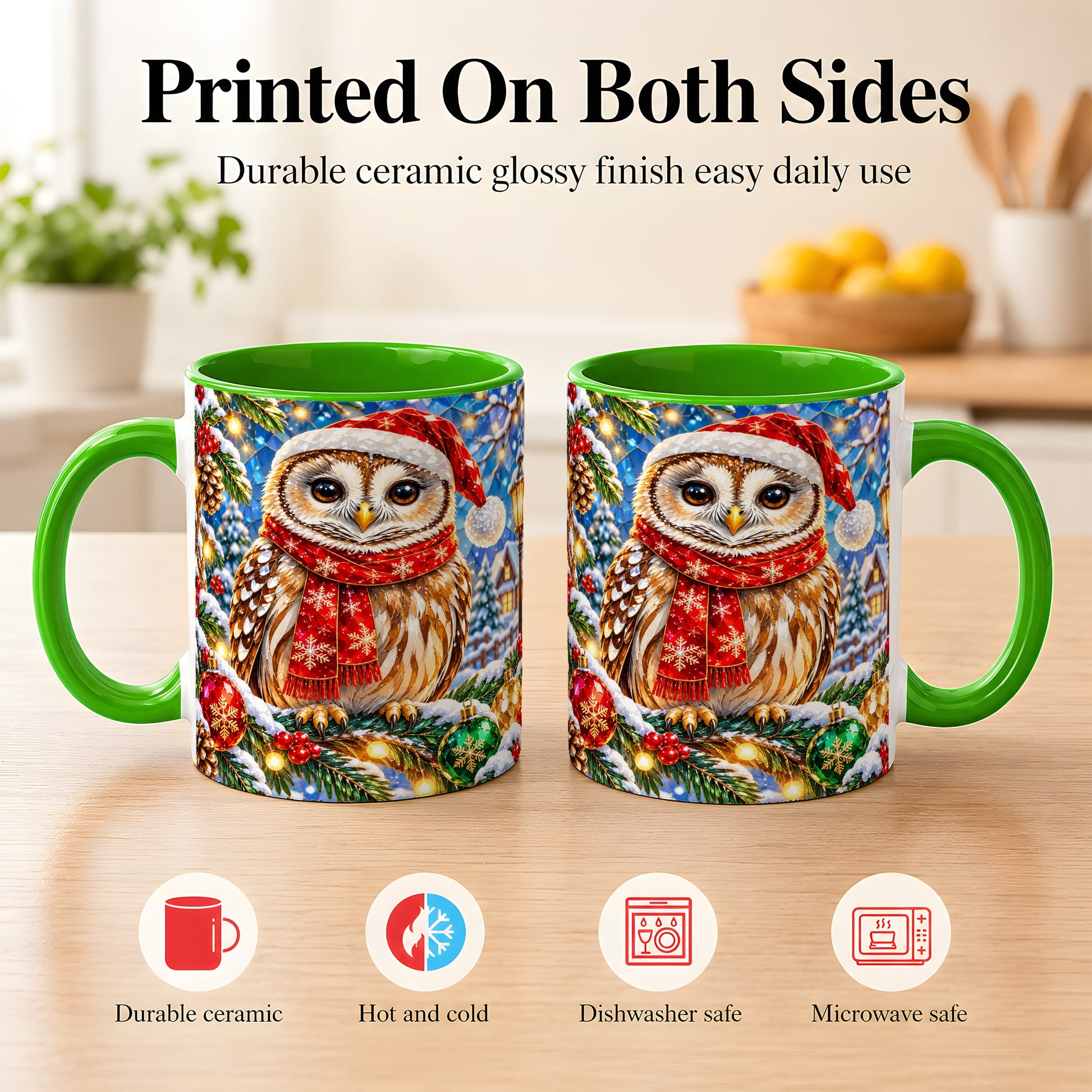 #pl[11oz|Green] Jeweled Christmas Owl Coffee Mug, Winter Bird Mug, Ceramic Cup