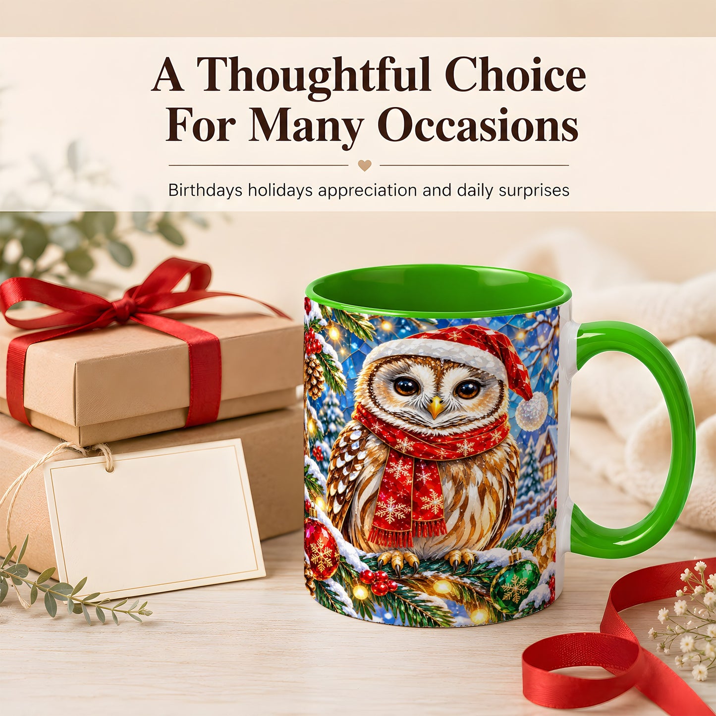#pl[11oz|Green] Jeweled Christmas Owl Coffee Mug, Winter Bird Mug, Ceramic Cup