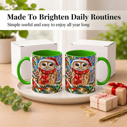 #pl[11oz|Green] Jeweled Christmas Owl Coffee Mug, Winter Bird Mug, Ceramic Cup