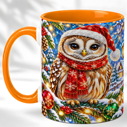 #pl[11oz|Orange] Jeweled Christmas Owl Coffee Mug, Winter Bird Mug, Ceramic Cup