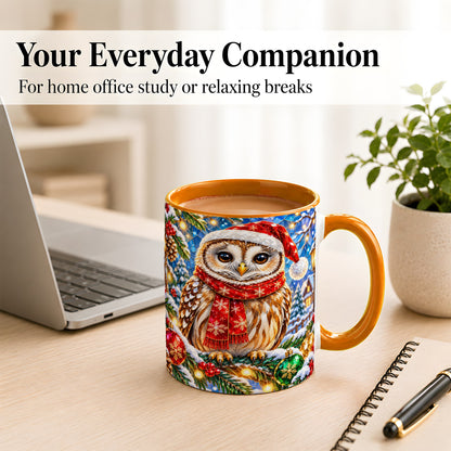 #pl[11oz|Orange] Jeweled Christmas Owl Coffee Mug, Winter Bird Mug, Ceramic Cup