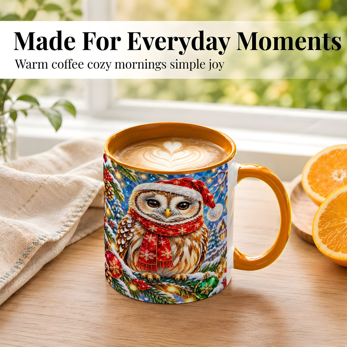 #pl[11oz|Orange] Jeweled Christmas Owl Coffee Mug, Winter Bird Mug, Ceramic Cup