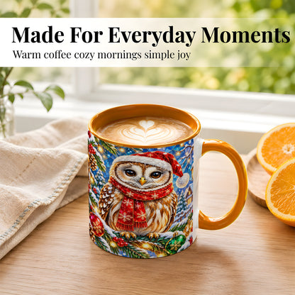 #pl[11oz|Orange] Jeweled Christmas Owl Coffee Mug, Winter Bird Mug, Ceramic Cup