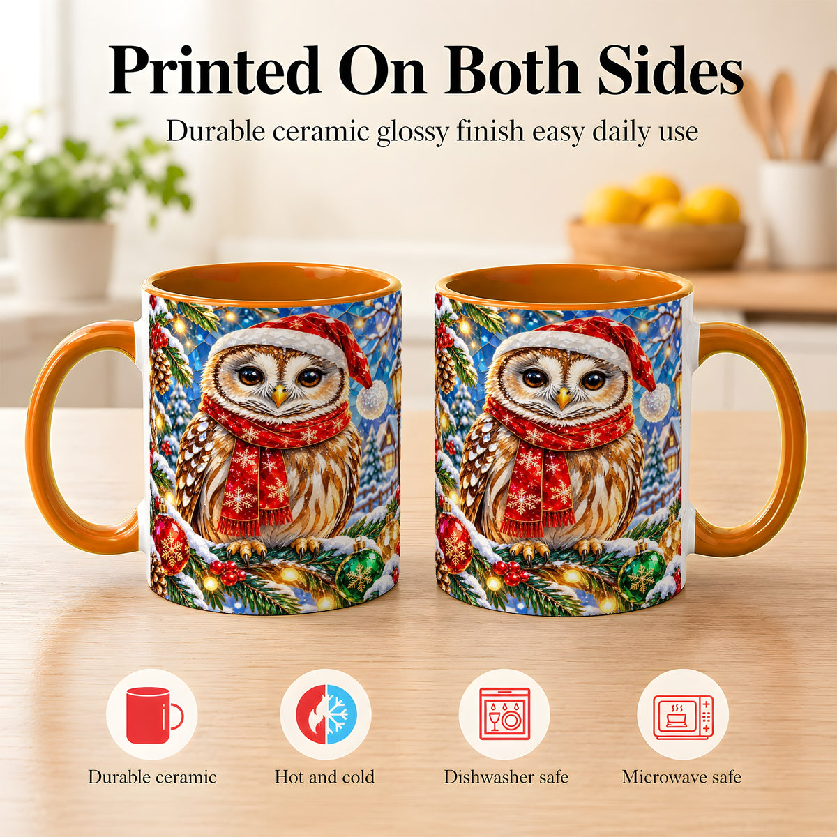 #pl[11oz|Orange] Jeweled Christmas Owl Coffee Mug, Winter Bird Mug, Ceramic Cup