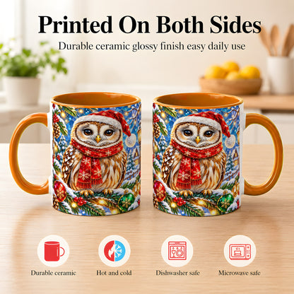 #pl[11oz|Orange] Jeweled Christmas Owl Coffee Mug, Winter Bird Mug, Ceramic Cup