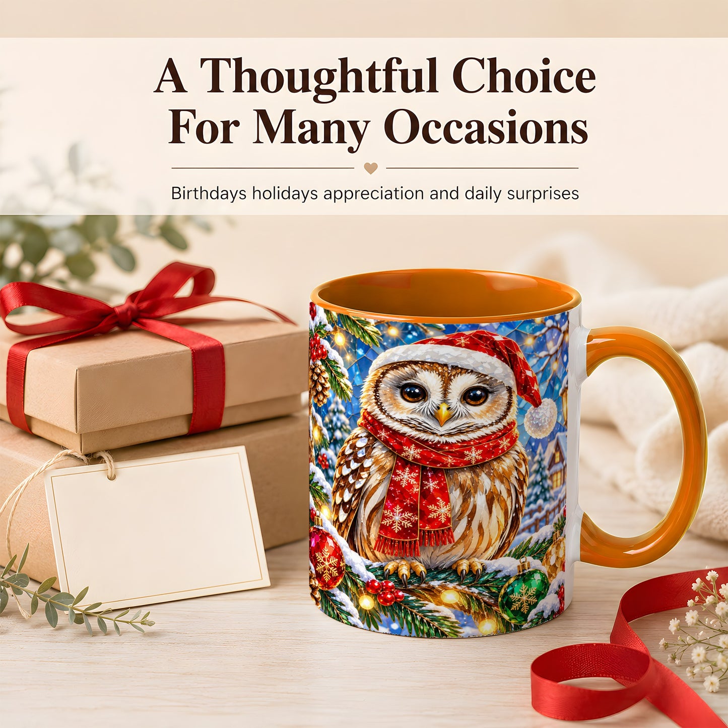 #pl[11oz|Orange] Jeweled Christmas Owl Coffee Mug, Winter Bird Mug, Ceramic Cup