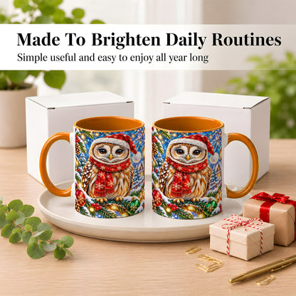 #pl[11oz|Orange] Jeweled Christmas Owl Coffee Mug, Winter Bird Mug, Ceramic Cup